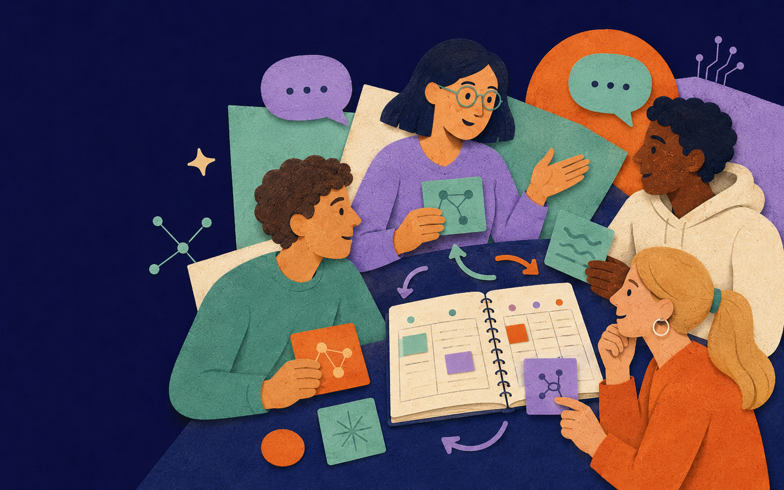 Educators and learners working together around an open lesson-planning notebook