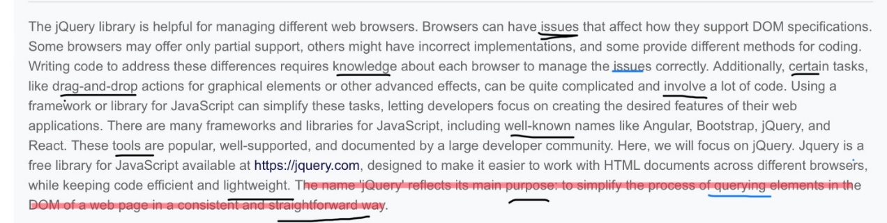 An annotated jQuery text with difficult words marked by a student.