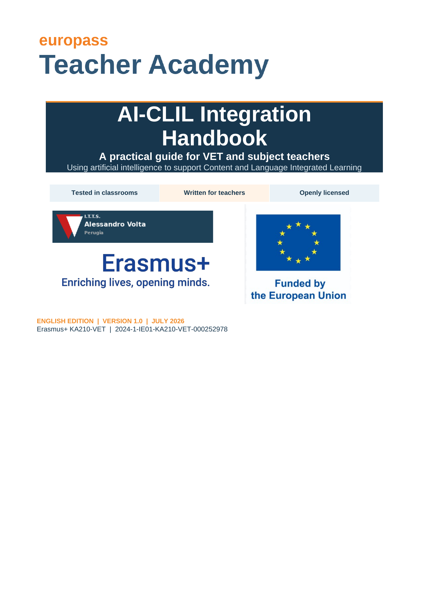 Cover of the AI-CLIL Integration Handbook